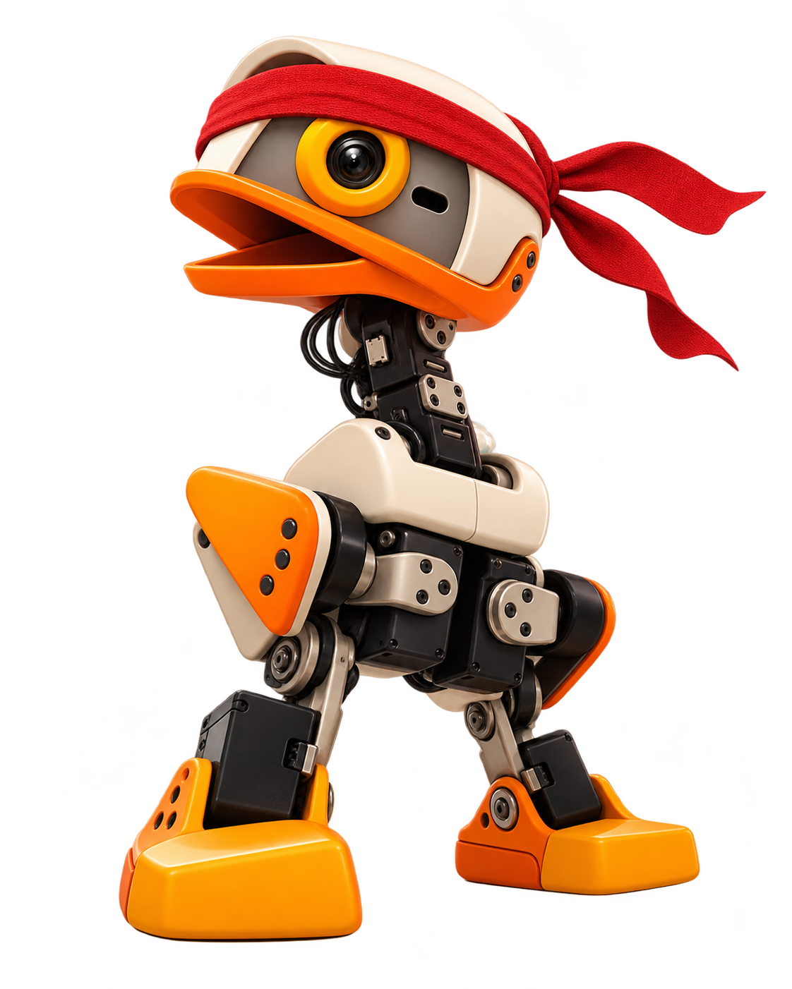 Duck Norris, a cream-and-orange robot duck wearing a red action-hero headband